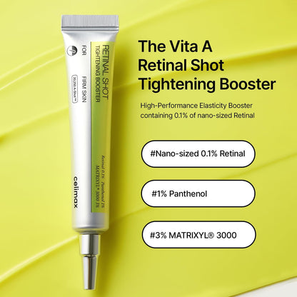 The Vita A Retinal Shot Tightening Booster tube on a yellow background with its key actives: nano-sized 0.1% retinal, 1% panthenol and 3% Matrixyl 3000