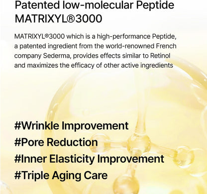 Explanation of Matrixyl 3000, a patented low-molecular peptide, with claims of wrinkle improvement, pore reduction, inner elasticity and triple ageing care