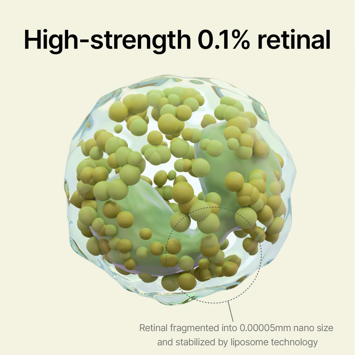 Illustration of high-strength 0.1% retinal fragmented to nano size and stabilised by liposome technology