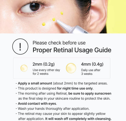 Retinal usage guide: a 2 mm amount every other day for two weeks, then 4 mm daily after three weeks, for night use only, with sunscreen the next morning