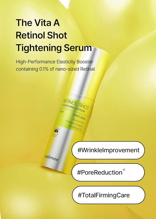 The Vita A Retinol Shot Tightening Serum bottle on a yellow background, tagged wrinkle improvement, pore reduction and total firming care