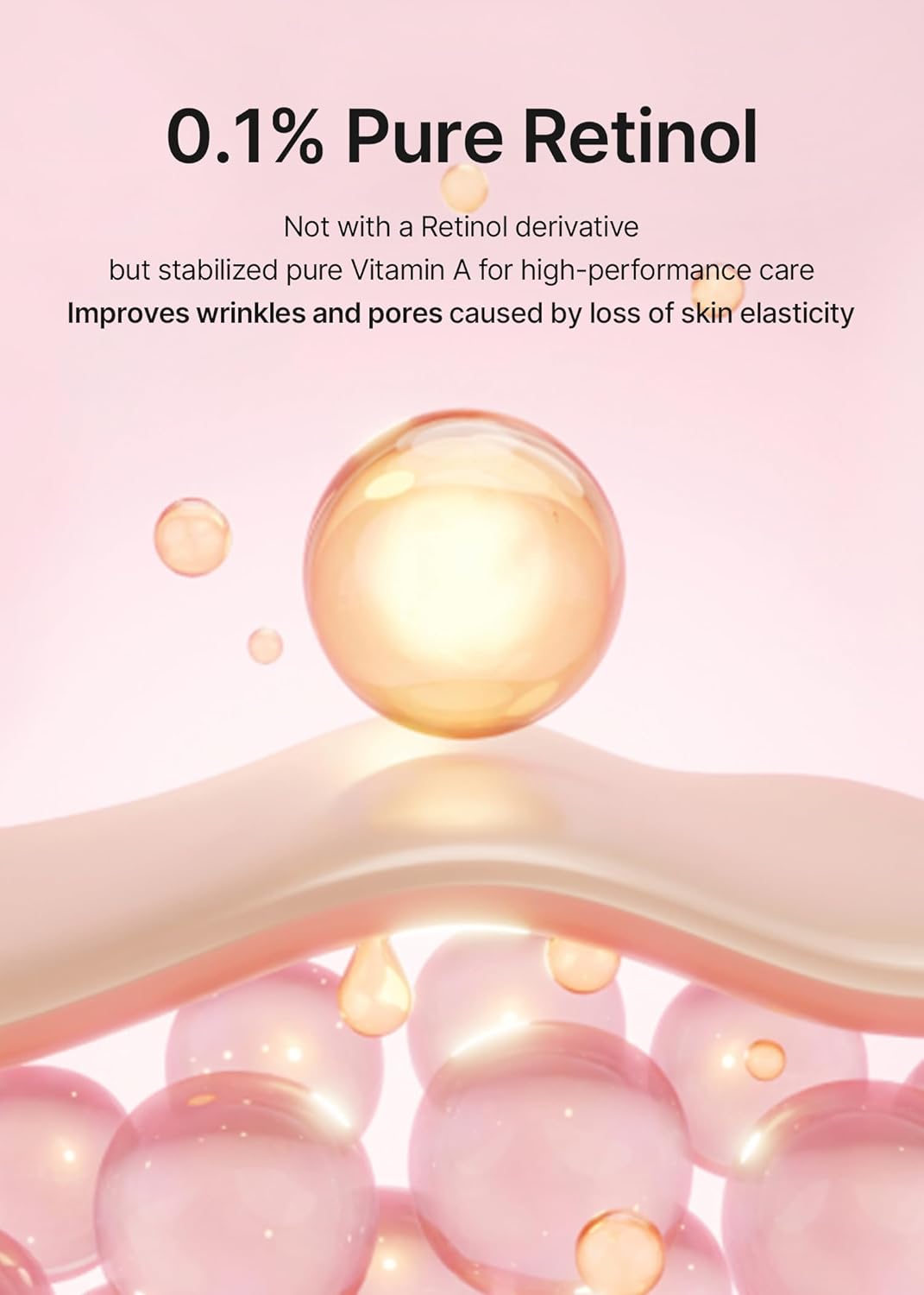 Illustration of 0.1% pure retinol, stabilised pure vitamin A rather than a retinol derivative, for wrinkles and pores caused by lost elasticity