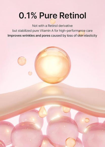 Illustration of 0.1% pure retinol, stabilised pure vitamin A rather than a retinol derivative, for wrinkles and pores caused by lost elasticity