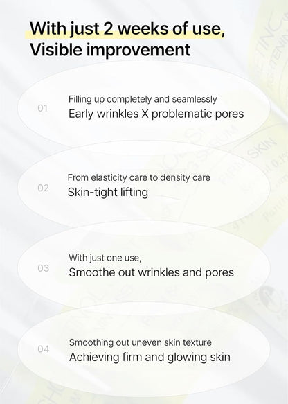 Four results claimed after two weeks: fills early wrinkles and pores, skin-tight lifting, smoother wrinkles and pores, firmer and glowing skin