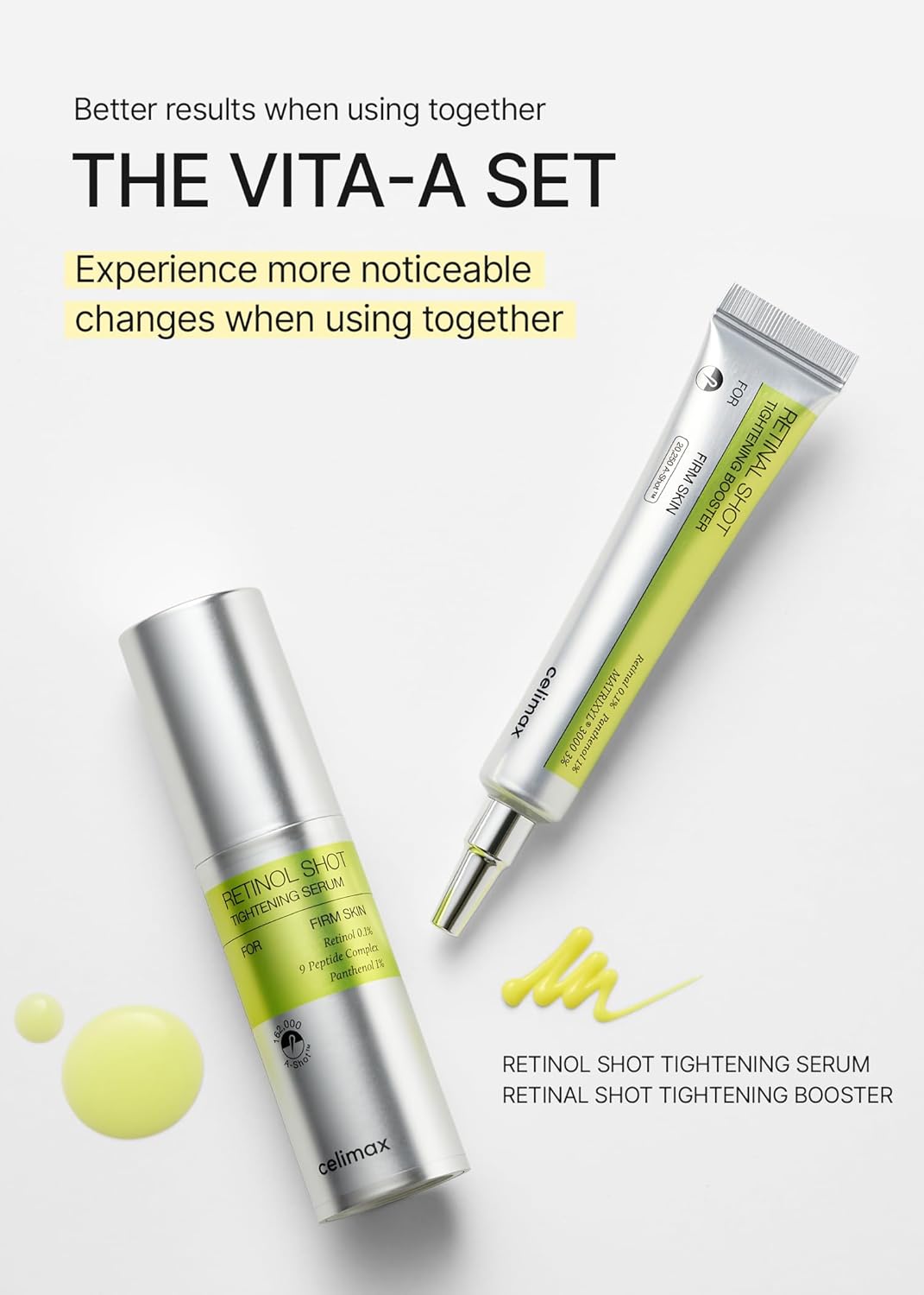 The Vita-A set: the Retinol Shot Tightening Serum shown together with the Retinal Shot Tightening Booster