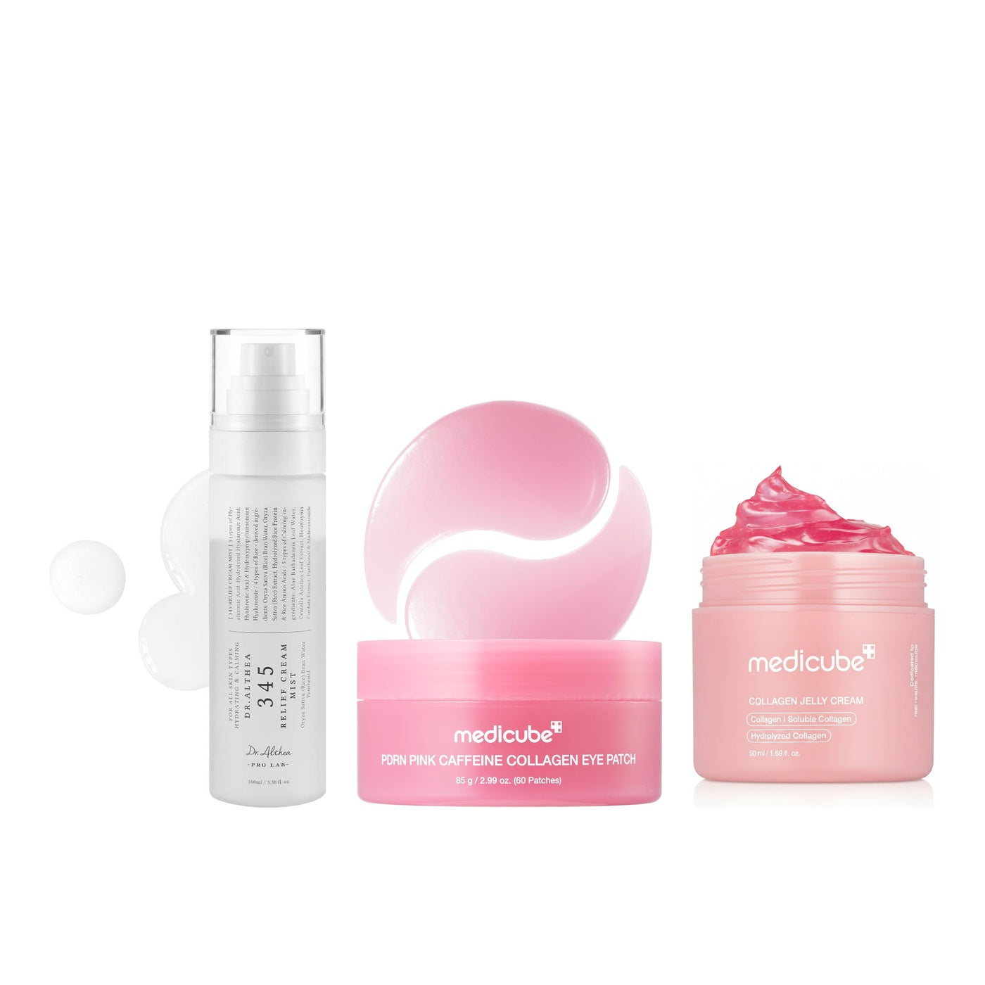 Collagen Plump & Depuff Trio - Dr.Althea 345 Relief Cream Mist, Medicube PDRN Pink Caffeine Collagen Eye Patch and Medicube Collagen Jelly Cream