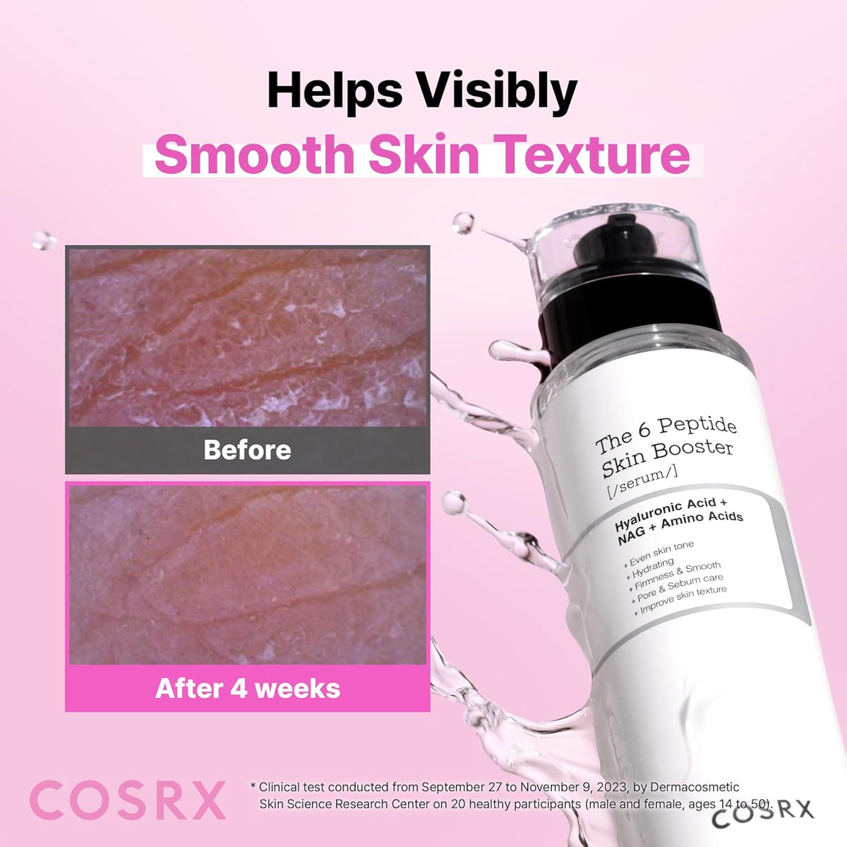 The 6 Peptide Skin Booster Serum bottle with before and after skin close-ups showing visibly smoother texture after four weeks