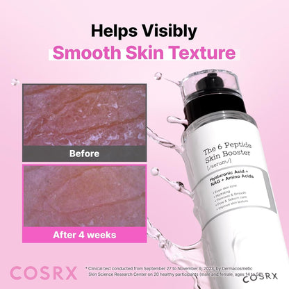 The 6 Peptide Skin Booster Serum bottle with before and after skin close-ups showing visibly smoother texture after four weeks