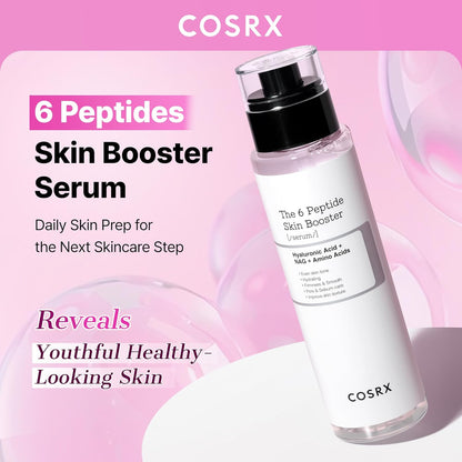 6 Peptides Skin Booster Serum bottle on pink: daily skin prep for the next skincare step, reveals youthful healthy-looking skin