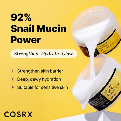 Advanced Snail 92 All In One Cream jar with cream pouring over it, 92% snail mucin power to strengthen, hydrate and glow, suitable for sensitive skin