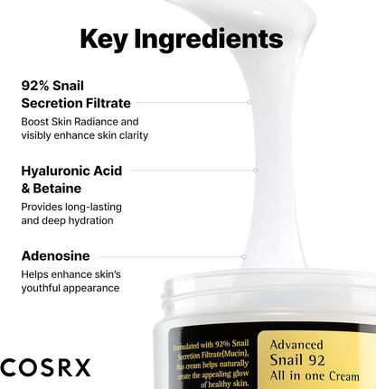 Key ingredients on a stream of cream: 92% snail secretion filtrate, hyaluronic acid and betaine, and adenosine
