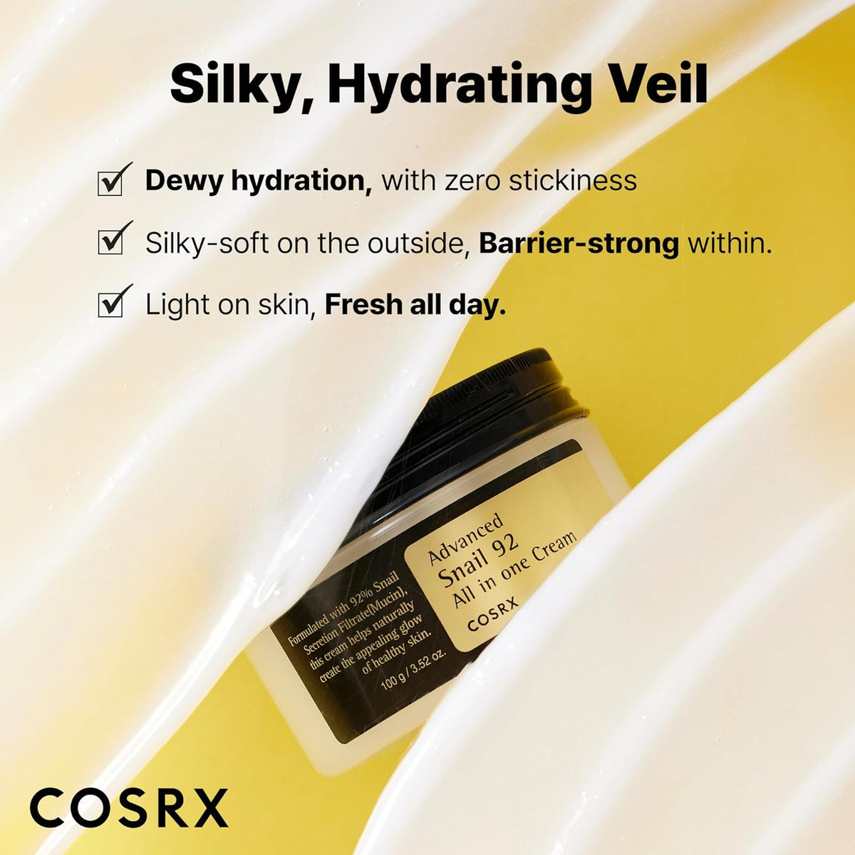 Silky hydrating veil: the jar lying on cream, with dewy zero-stickiness hydration, silky-soft outside and barrier-strong within