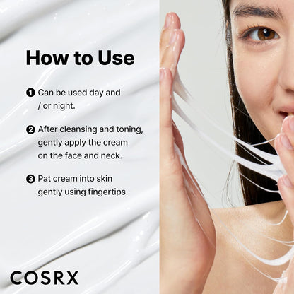 How to use beside a model touching her face: day or night, applied to face and neck after cleansing and toning, patted in with fingertips