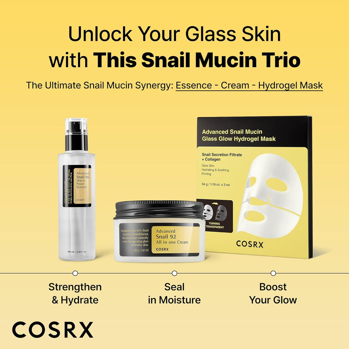 The snail mucin trio: Advanced Snail 96 essence, the All In One Cream and the Advanced Snail Mucin Glass Glow Hydrogel Mask
