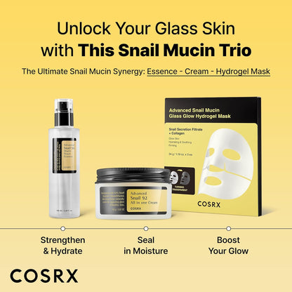 The snail mucin trio: Advanced Snail 96 essence, the All In One Cream and the Advanced Snail Mucin Glass Glow Hydrogel Mask