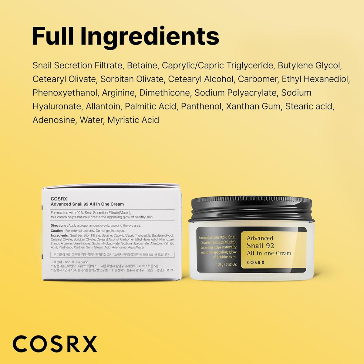 Full ingredients list above the cream jar and its outer carton
