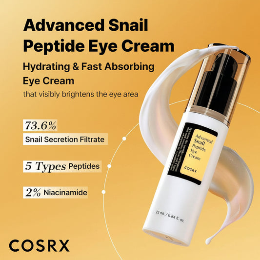 Advanced Snail Peptide Eye Cream pump bottle over a swirl of cream, a hydrating fast-absorbing eye cream with 73.6% snail secretion filtrate, five peptides and 2% niacinamide