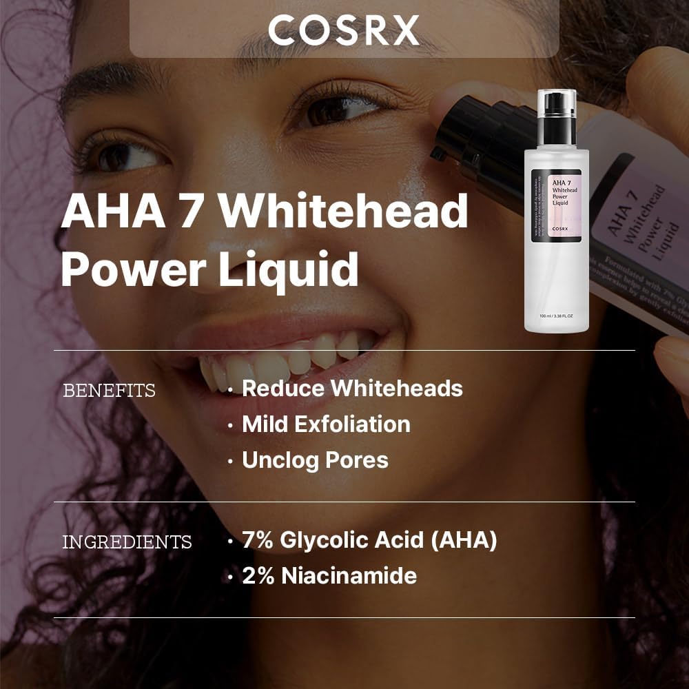 AHA 7 Whitehead Power Liquid beside a smiling model: reduces whiteheads, mild exfoliation, unclogs pores, with 7% glycolic acid and 2% niacinamide
