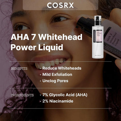 AHA 7 Whitehead Power Liquid beside a smiling model: reduces whiteheads, mild exfoliation, unclogs pores, with 7% glycolic acid and 2% niacinamide