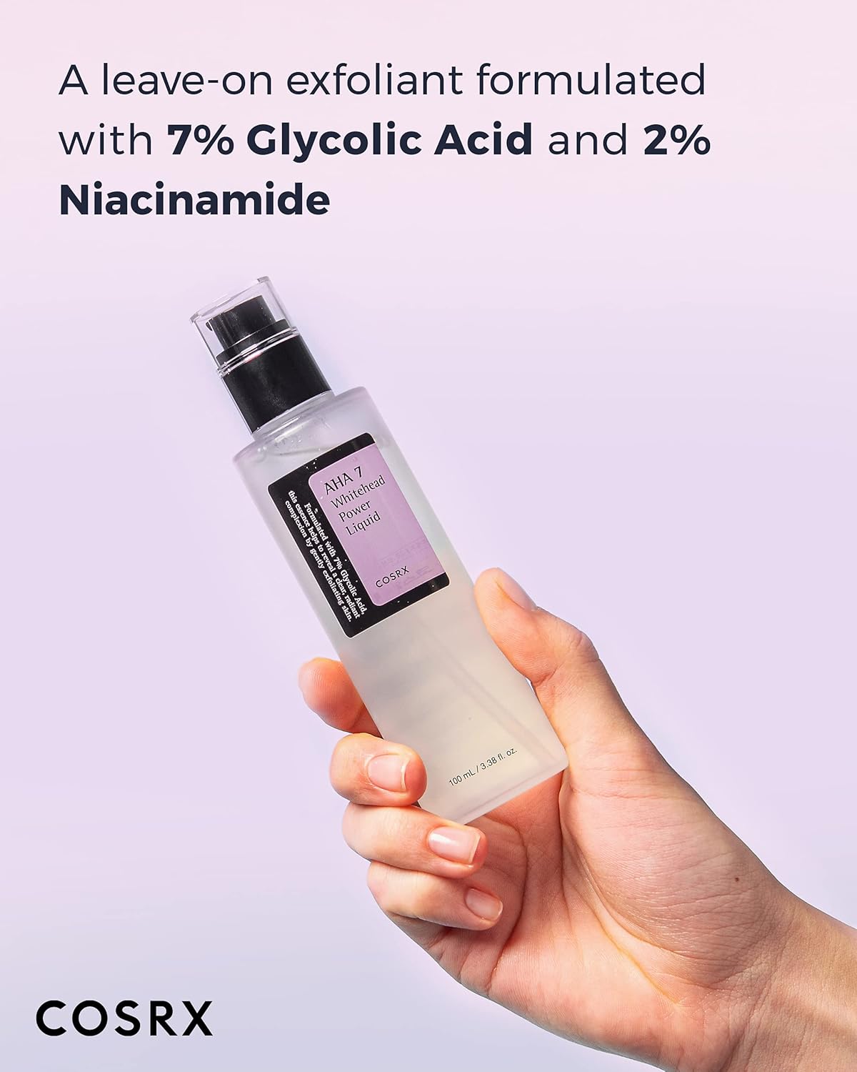 A hand holding the bottle: a leave-on exfoliant formulated with 7% glycolic acid and 2% niacinamide
