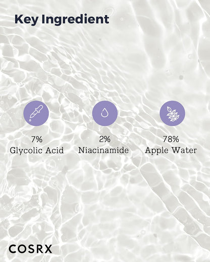 Key ingredients over rippling water: 7% glycolic acid, 2% niacinamide and 78% apple water