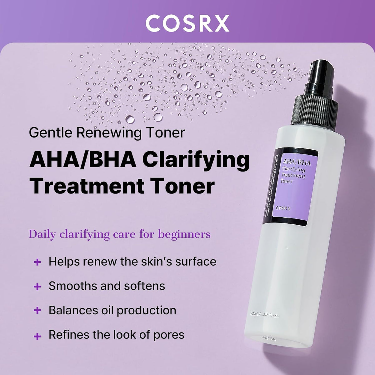 AHA BHA Clarifying Treatment Toner bottle, a gentle renewing toner for beginners that renews the surface, smooths, balances oil and refines pores