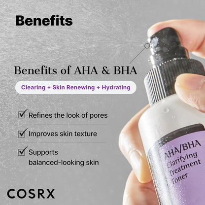Benefits of AHA and BHA beside a model spraying the toner: clearing, skin renewing and hydrating, refines pores, improves texture, balanced-looking skin