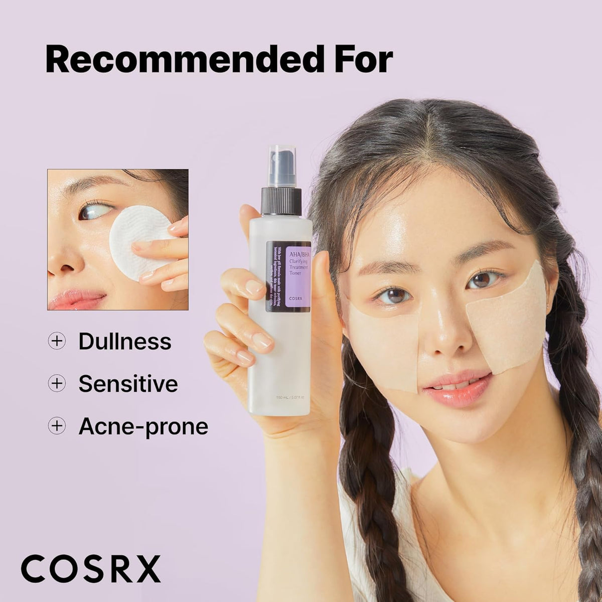 Recommended for dullness, sensitive and acne-prone skin, shown with a model holding the bottle and wearing a soaked mask