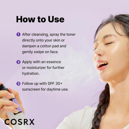 How to use beside a model misting her face: spray or swipe with a cotton pad after cleansing, apply essence or moisturiser, follow with SPF by day
