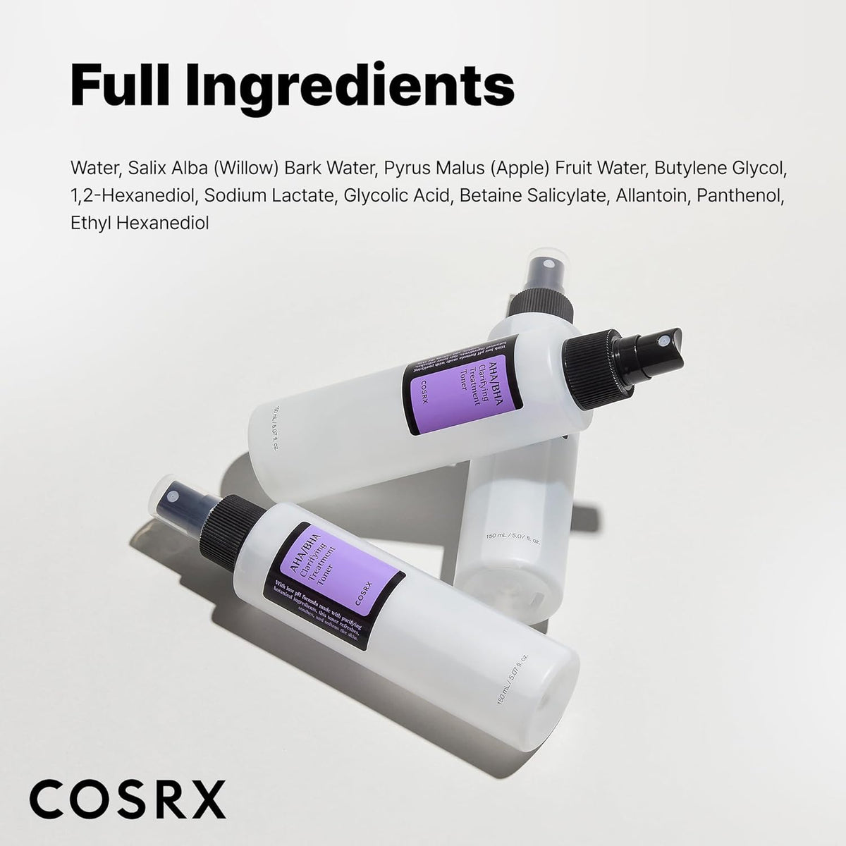 Full ingredients list above three toner bottles