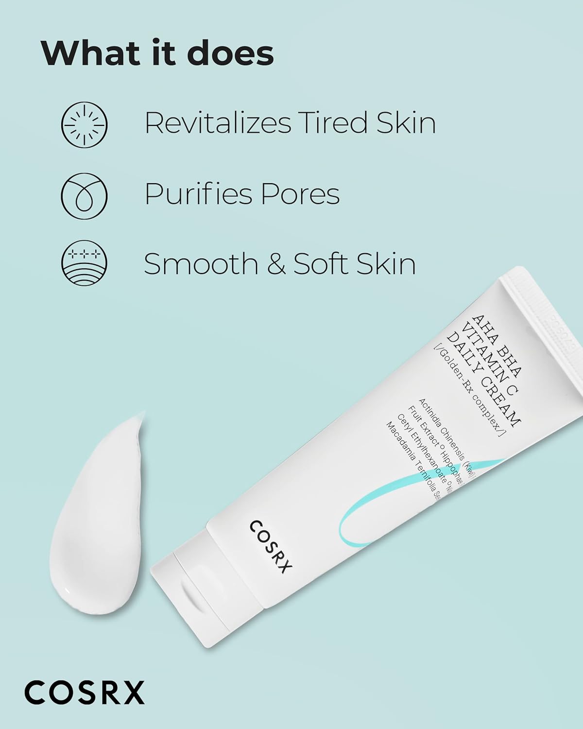 What it does, beside the tube and a drop of cream: revitalises tired skin, purifies pores, smooth and soft skin