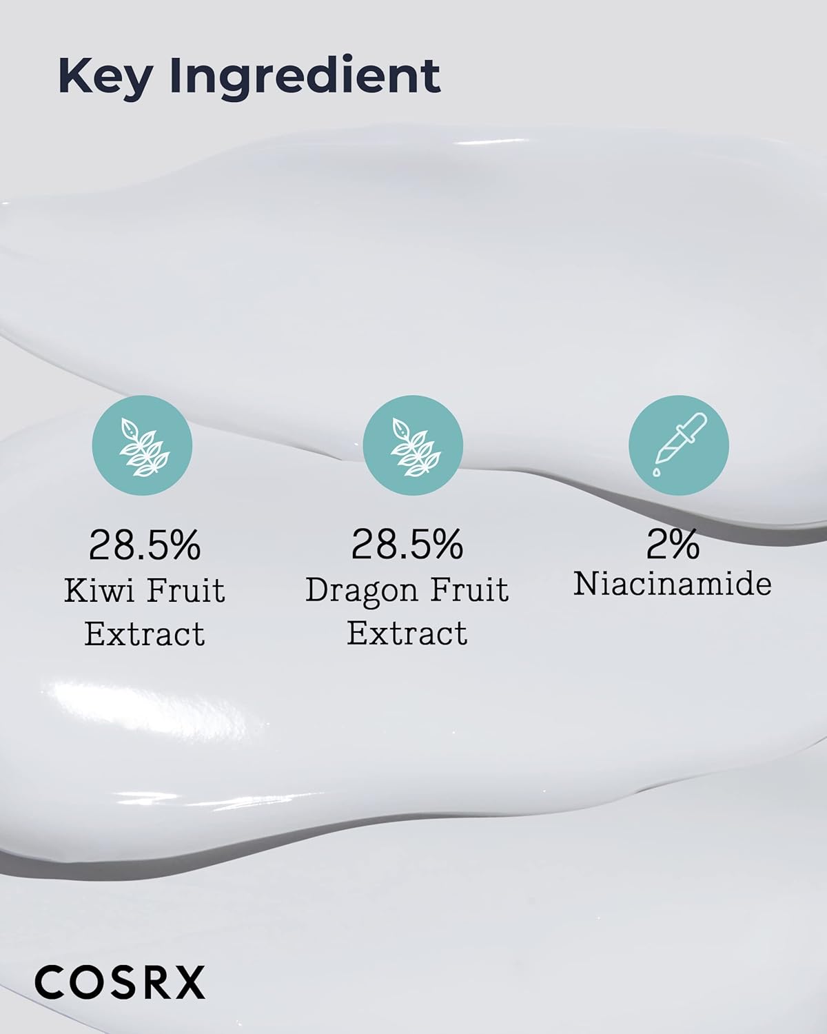 Key ingredients on a swirl of cream: 28.5% kiwi fruit extract, 28.5% dragon fruit extract and 2% niacinamide