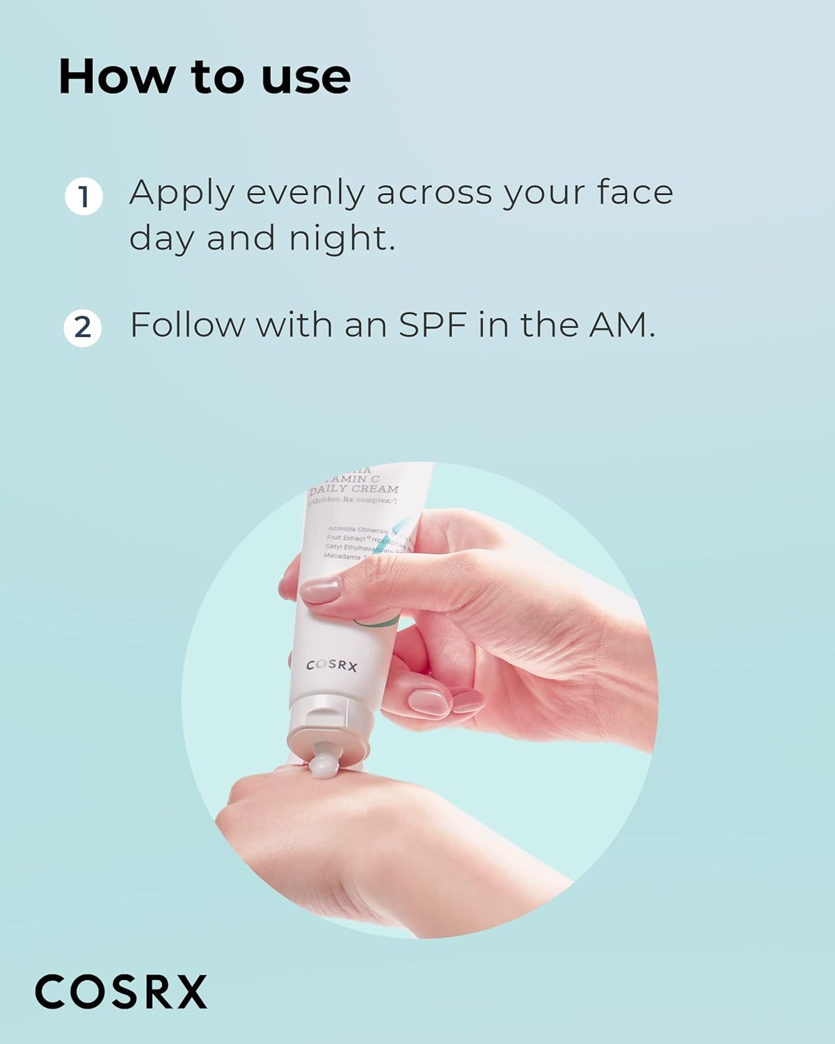 How to use beside hands squeezing the tube: apply evenly across the face day and night, follow with SPF in the morning