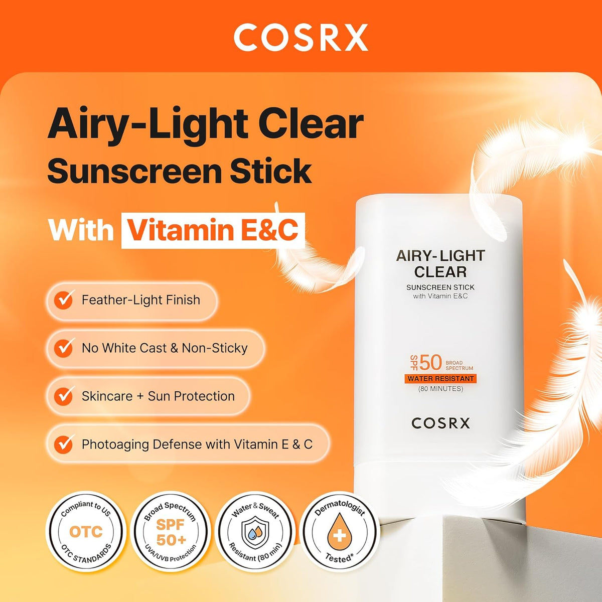 Airy-Light Clear Sunscreen Stick with vitamin E and C: feather-light finish, no white cast, skincare plus sun protection, SPF 50 plus