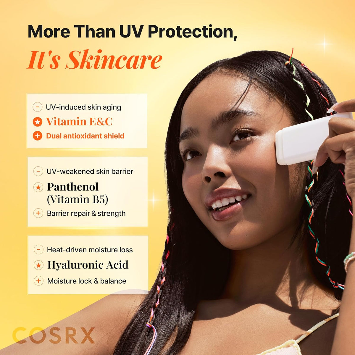 More than UV protection, it's skincare: a model applying the stick, with vitamin E and C, panthenol and hyaluronic acid