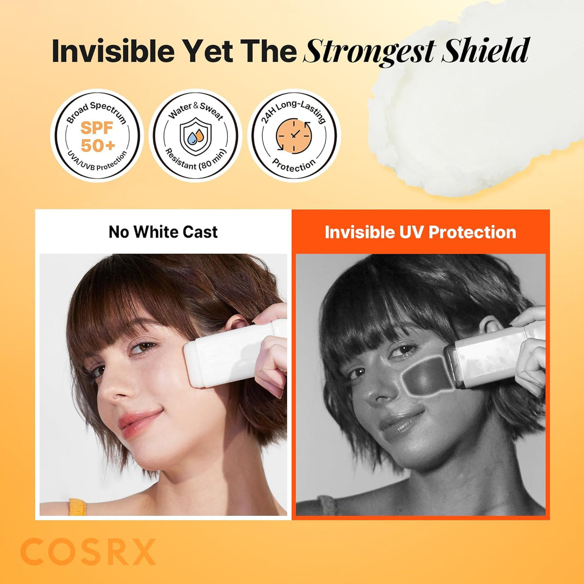 Invisible yet the strongest shield: a model shown in colour with no white cast and in UV camera view with invisible UV protection