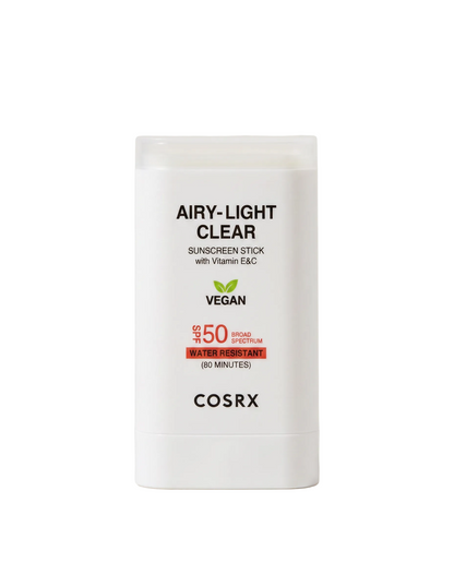 COSRX Airy-Light Sunscreen Stick SPF50 19g - white sunscreen stick with its cap on, white background