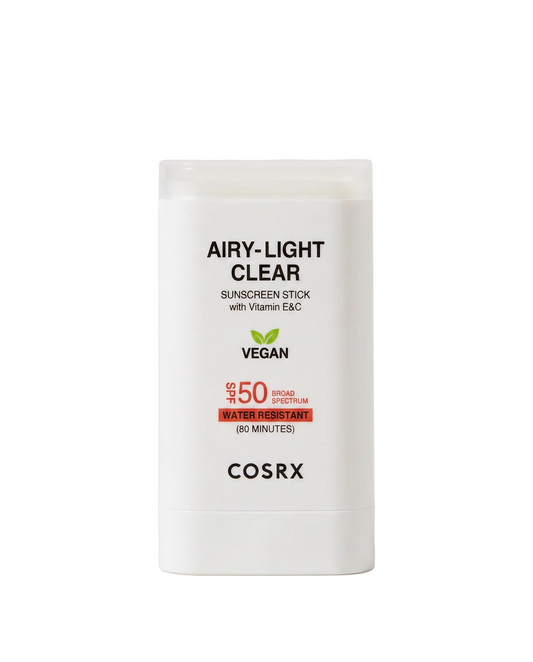COSRX Airy-Light Sunscreen Stick SPF50 19g - white sunscreen stick with its cap on, white background