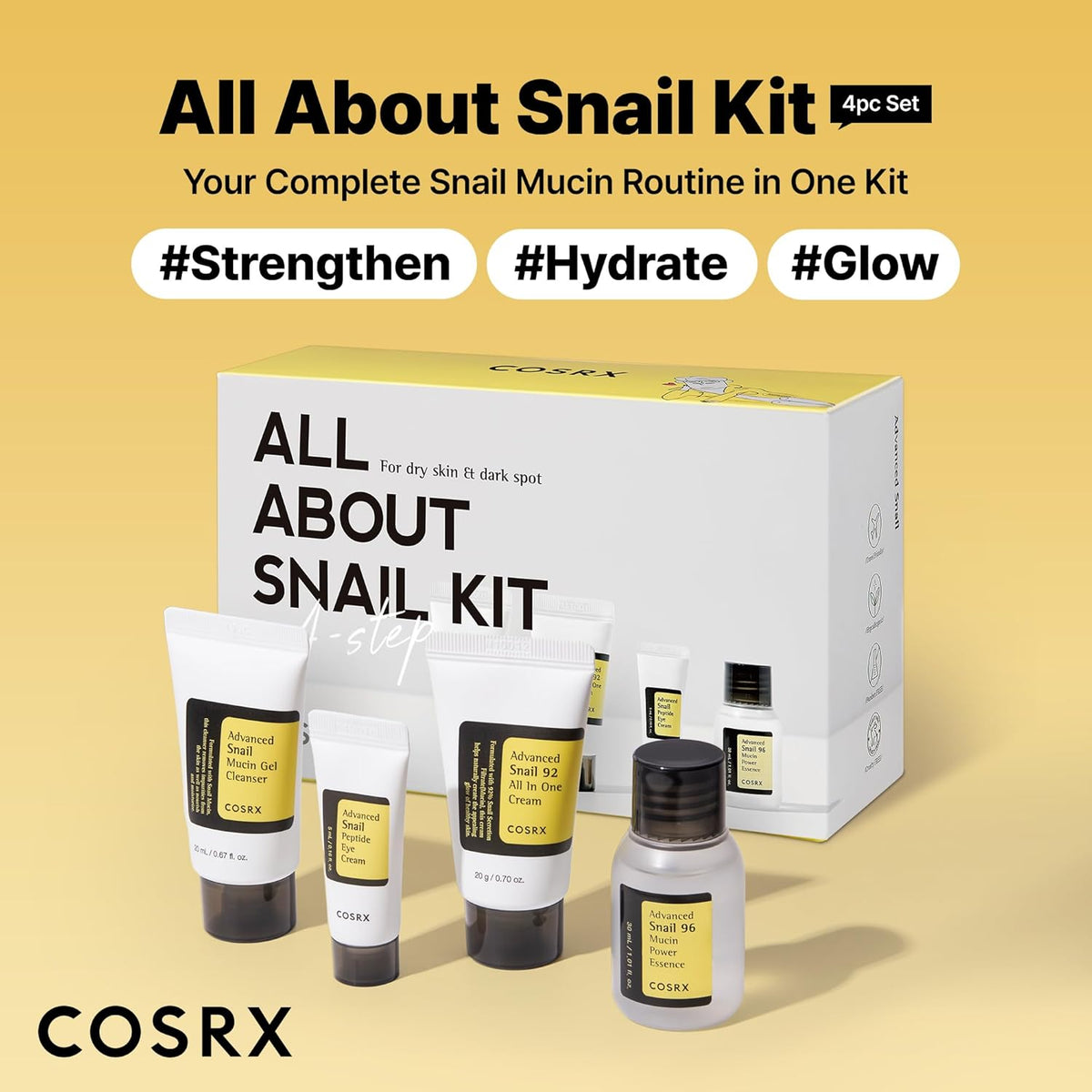 All About Snail Kit four-piece set box with the four minis: your complete snail mucin routine to strengthen, hydrate and glow