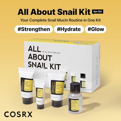 All About Snail Kit four-piece set box with the four minis: your complete snail mucin routine to strengthen, hydrate and glow