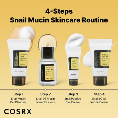 Four-step snail mucin routine: Snail Mucin Gel Cleanser, Snail 96 Mucin Power Essence, Snail Peptide Eye Cream, Snail 92 All In One Cream