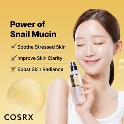 Power of snail mucin beside a model holding the essence: soothes stressed skin, improves clarity, boosts radiance