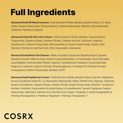 Full ingredients lists for all four products in the All About Snail Kit