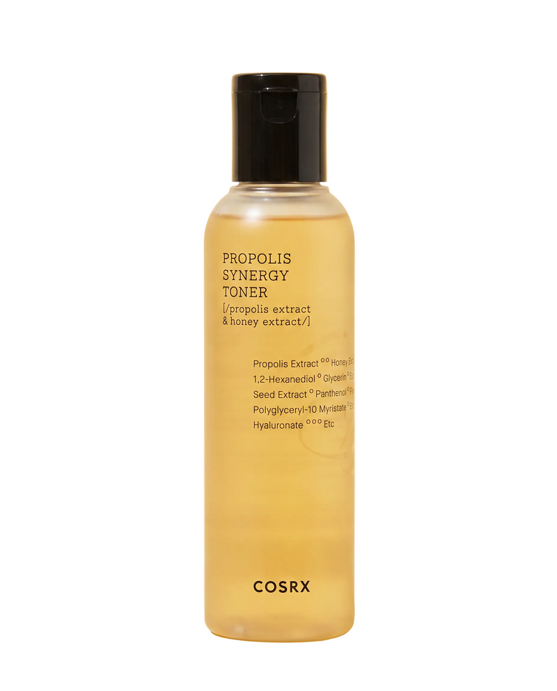 COSRX Full Fit Propolis Synergy Toner 150ml - amber toner bottle on a warm cream background