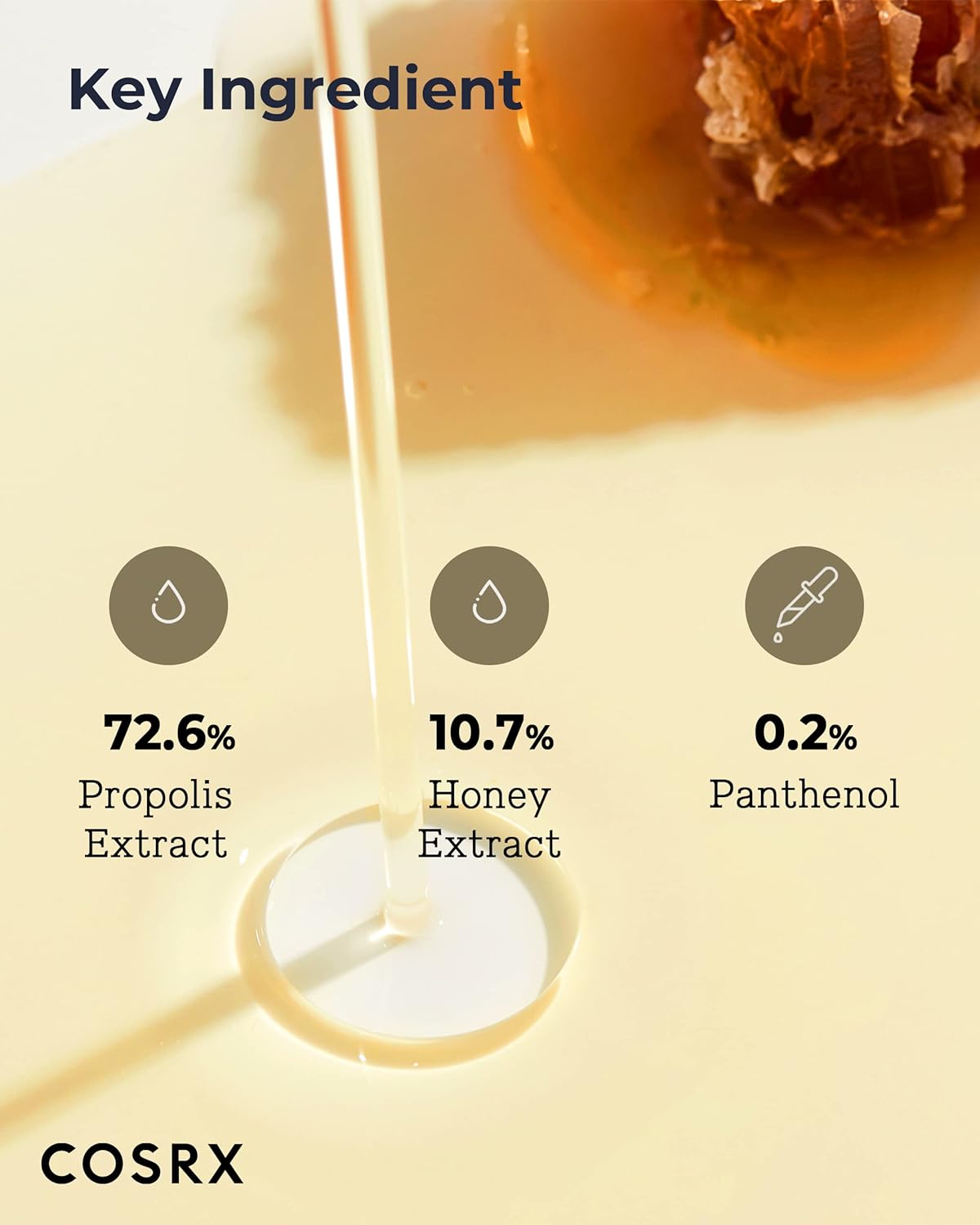 Key ingredients with honey dripping: 72.6% propolis extract, 10.7% honey extract and 0.2% panthenol