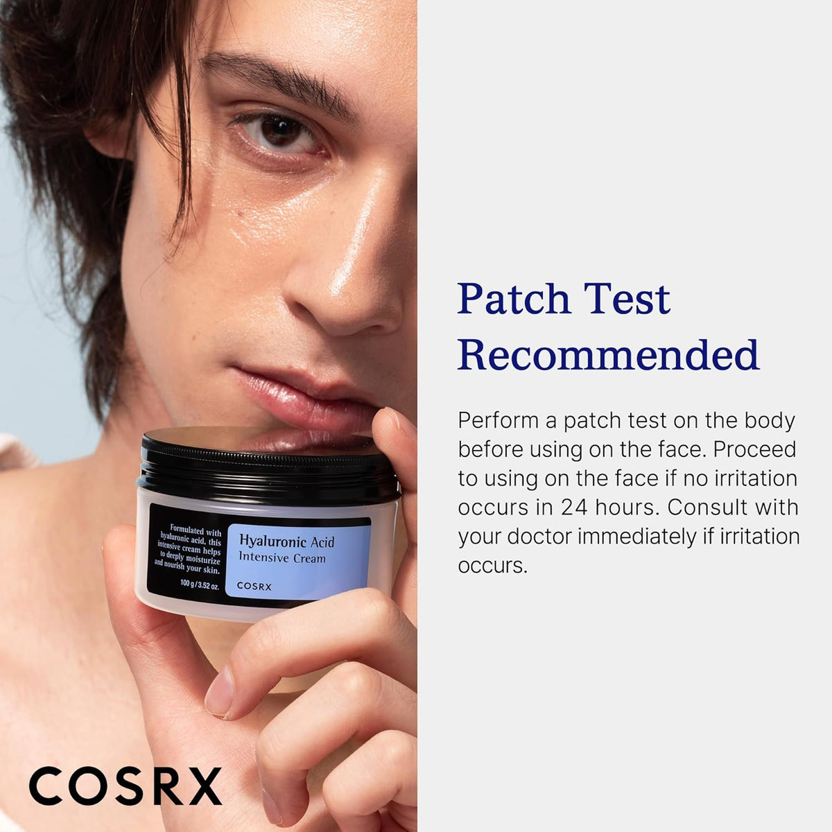 Patch test recommended: a model holding the jar, with instructions to test on the body before the face