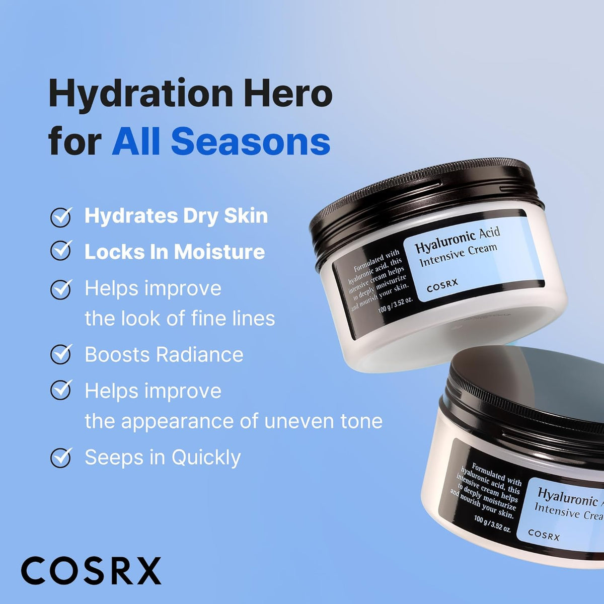 Hydration hero for all seasons: two jars with claims - hydrates dry skin, locks in moisture, improves fine lines, boosts radiance, seeps in quickly