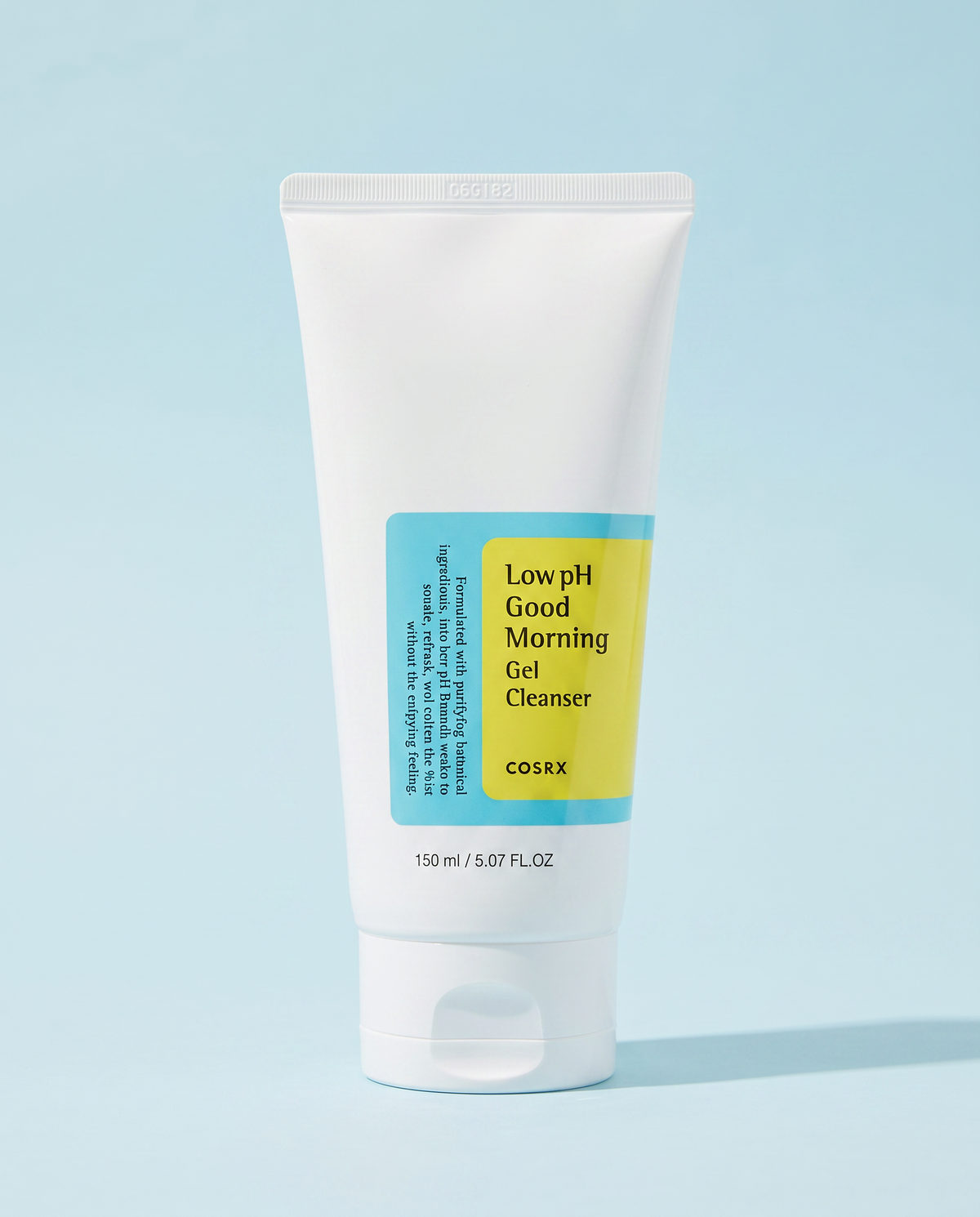 COSRX Low pH Good Morning Gel Cleanser 150ml - white cleanser tube on a pale blue background
