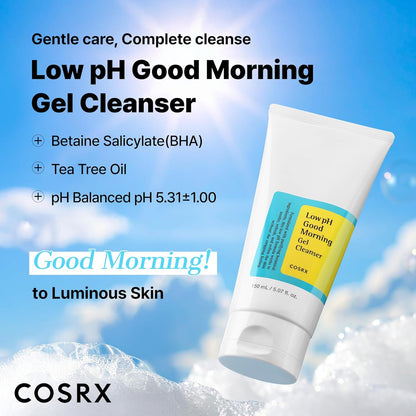 Low pH Good Morning Gel Cleanser tube against a blue sky, with betaine salicylate BHA, tea tree oil and a pH of 5.31