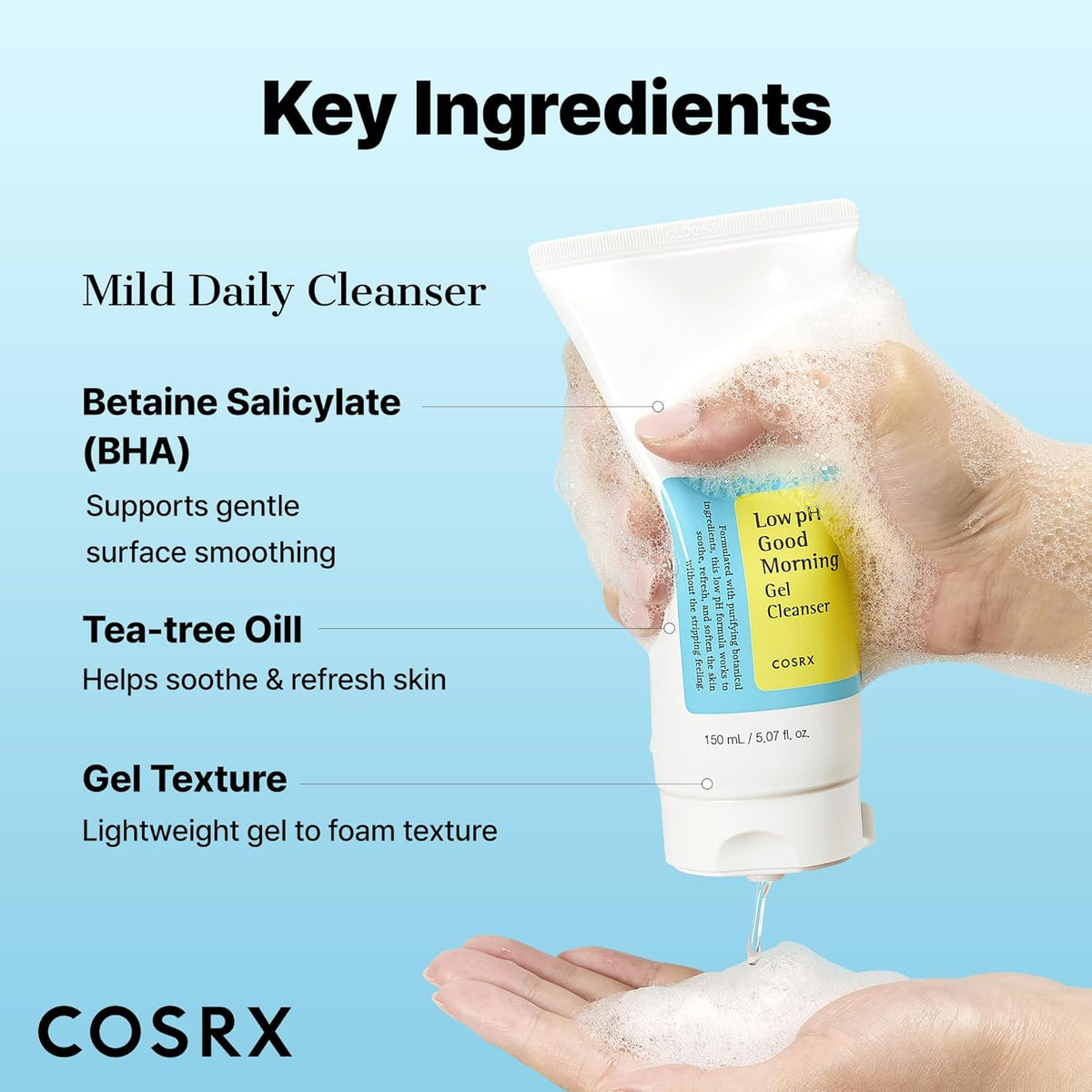 Key ingredients beside a hand squeezing gel from the tube: betaine salicylate BHA for gentle smoothing, tea tree oil to soothe, lightweight gel-to-foam texture